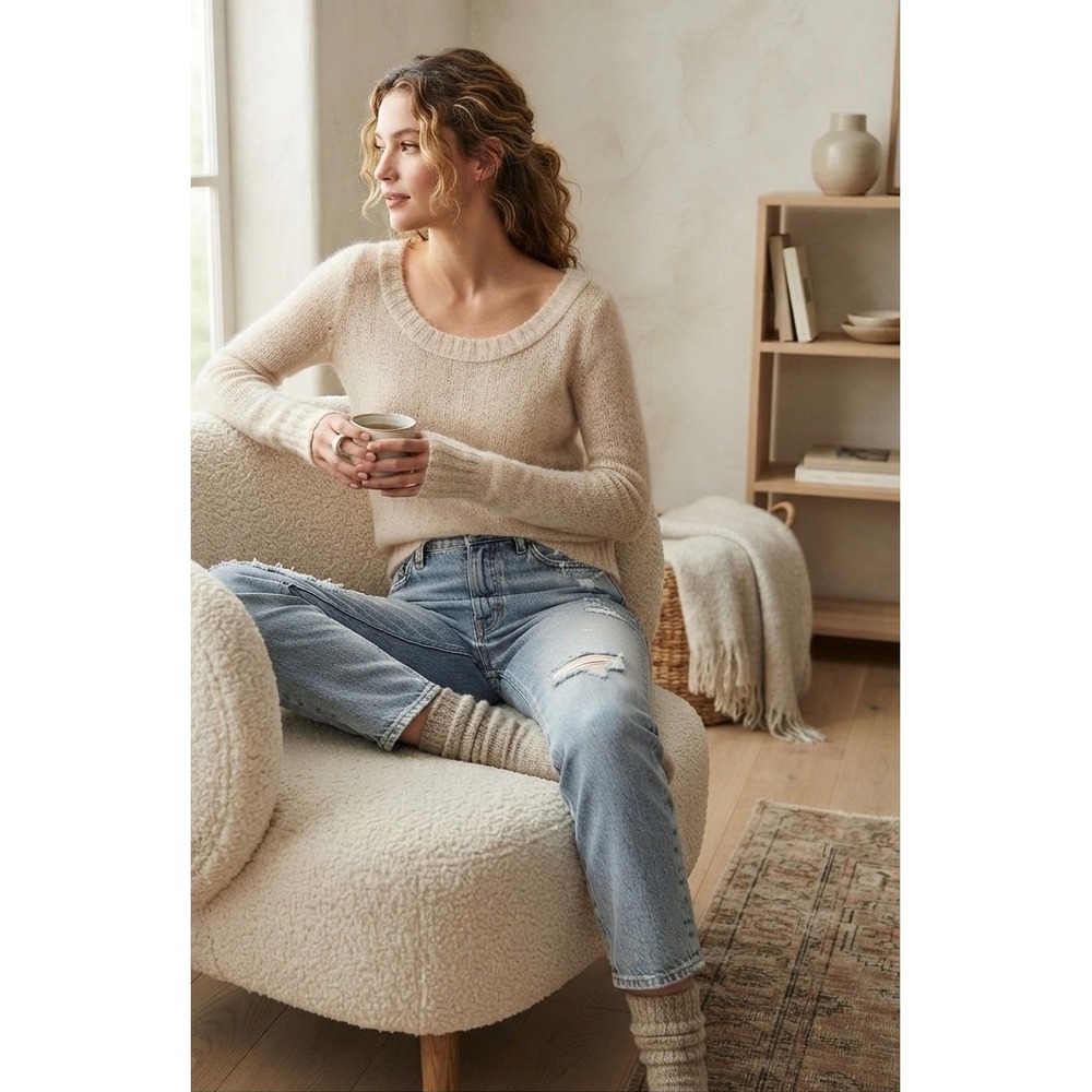 Aerie Scoop Neck Sweater Womens Small Beige Open Knit Fuzzy Long Sleeve Pullover